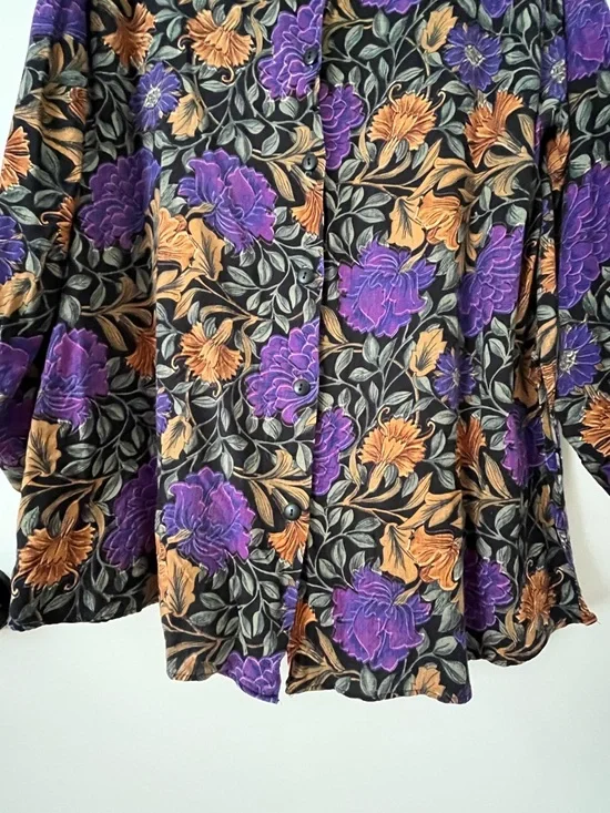 Vintage 90s Exposé Black & Purple Floral Button Up Long Sleeve Shirt Retro Large - Picture 9 of 11